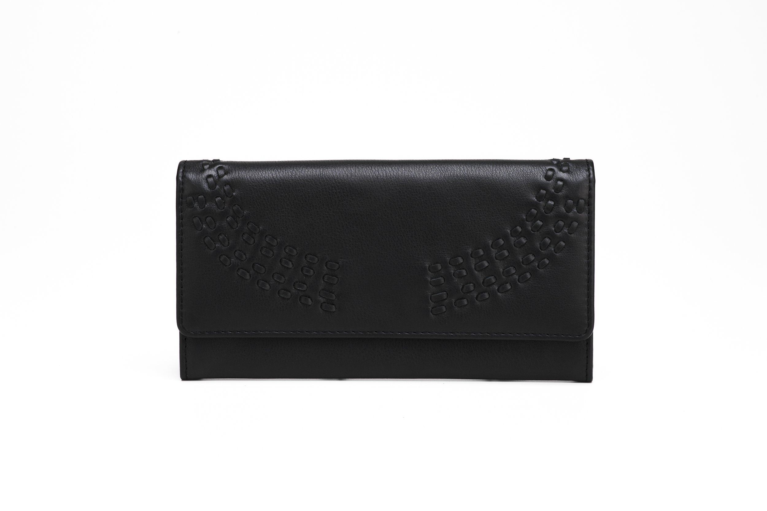 Black leather wallet showing decorative front stitching
